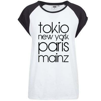 "Tokio, New York, Paris, Mainz" Contrast T-Shirt by Urban Classics (Damen)