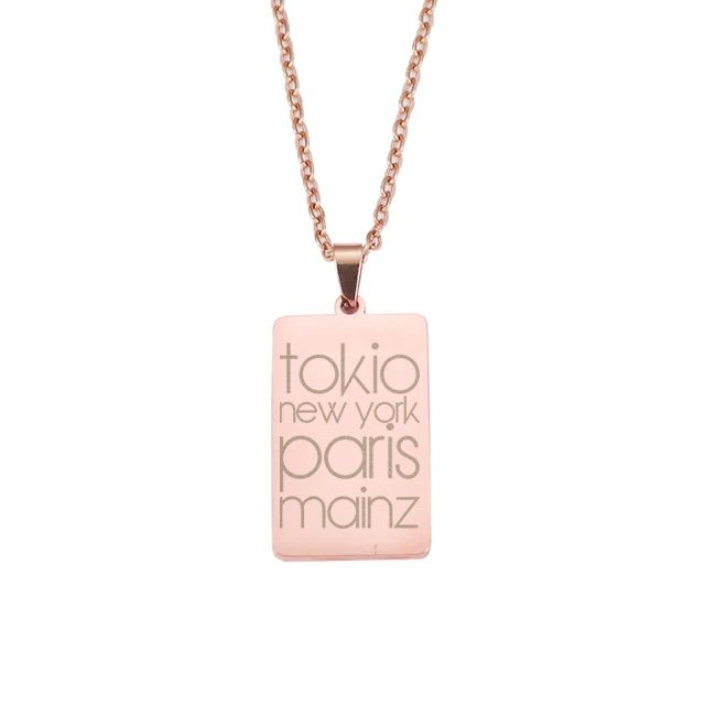 "Tokio, New York, Paris, Mainz" Halskette mit lasergraviertem Pendent aus Edelstahl (Rechteckform / Anhänger hochpoliert)