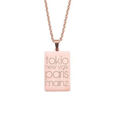 "Tokio, New York, Paris, Mainz" Halskette mit lasergraviertem Pendent aus Edelstahl (Rechteckform / Anhänger hochpoliert)