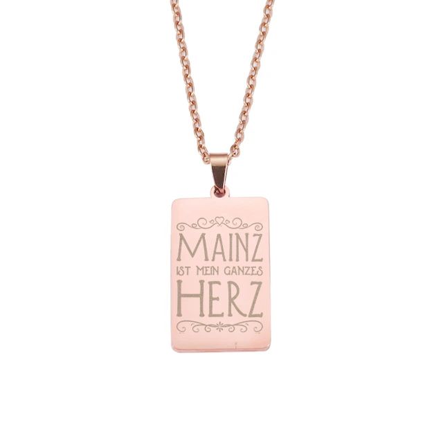 "Mainz ist mein ganzes Herz" Halskette mit lasergraviertem Pendent aus Edelstahl (Rechteckform / Anhänger hochpoliert)