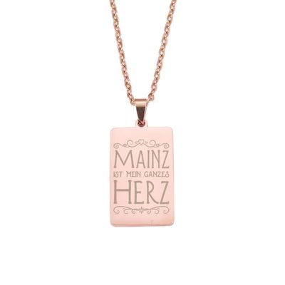 "Mainz ist mein ganzes Herz" Halskette mit lasergraviertem Pendent aus Edelstahl (Rechteckform / Anhänger hochpoliert)