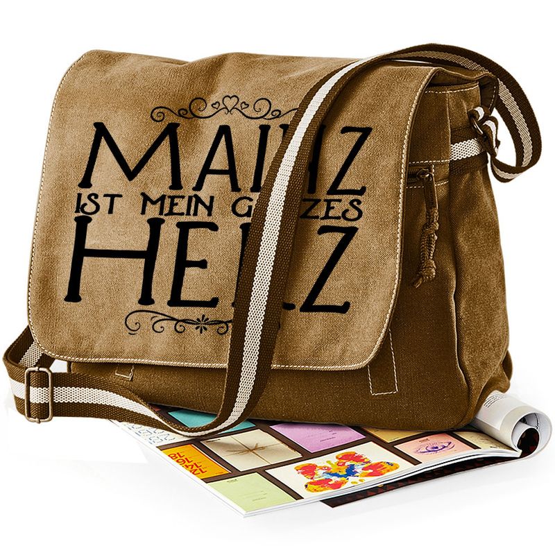 "Mainz ist mein ganzes Herz" Premium Messengertasche im Vintagelook