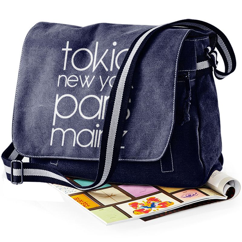 "Tokio, New York, Paris, Mainz" Premium Messengertasche im Vintagelook
