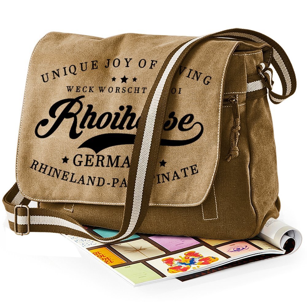 "Weck, Worscht & Woi! Rhoihesse" Premium Messengertasche im Vintagelook 11213