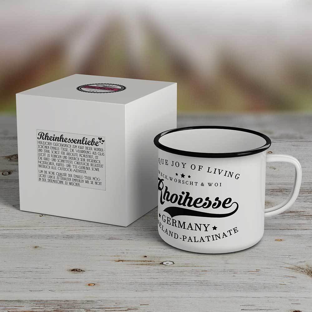 "Weck, Worscht & Woi - Rhoihesse" Emaille-Tasse M1-RHL 62072