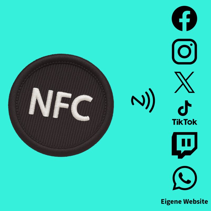 NFC-Patch zum Aufbügeln auf eigene Kleidung mit Link zu deiner Link-Sammlung und/oder vCard