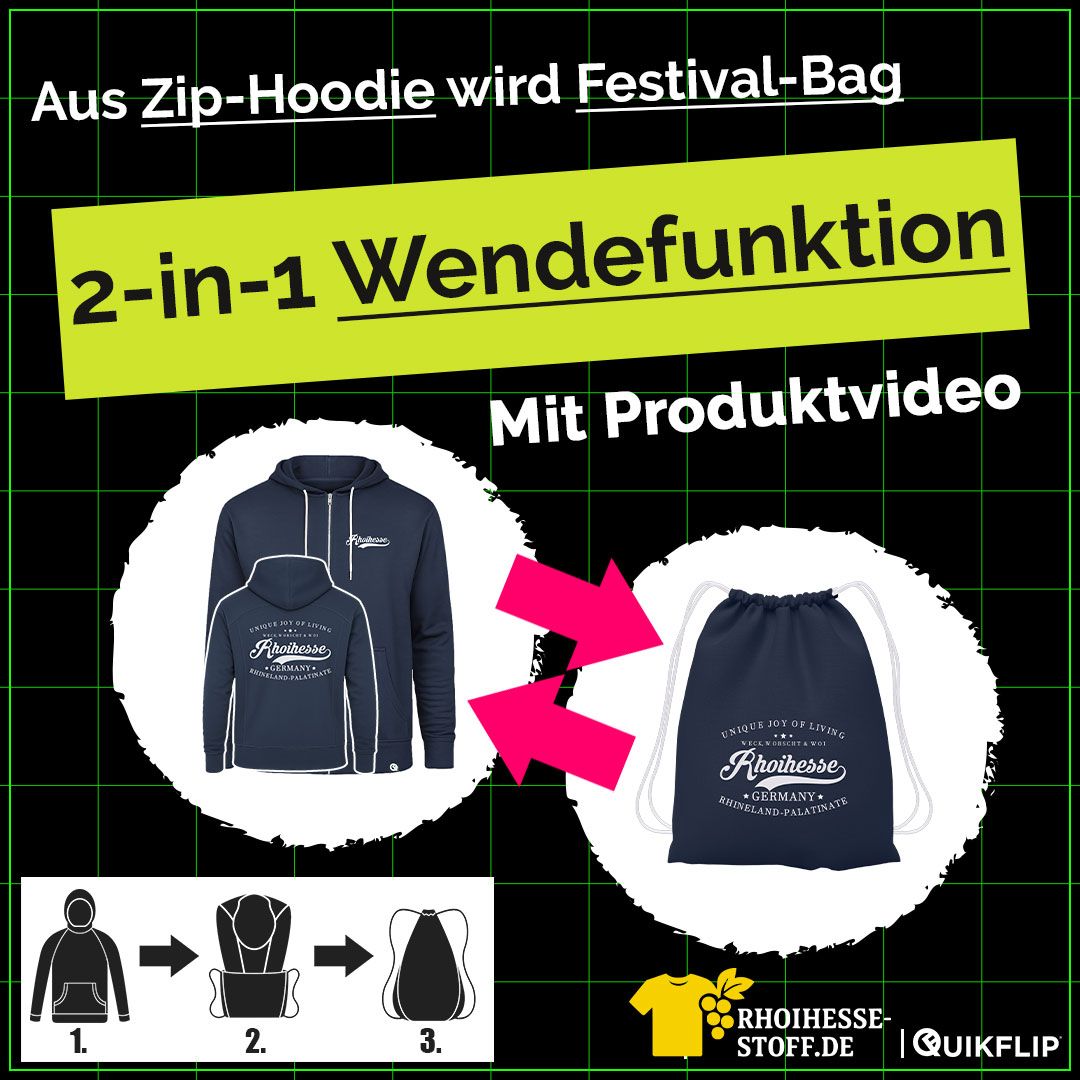 "Weck, Worscht & Woi - Rhoihesse!" Zip-Hoodie, verwandelbar in Funzelfahrt-Bag (Unisex) | by Quikflip©