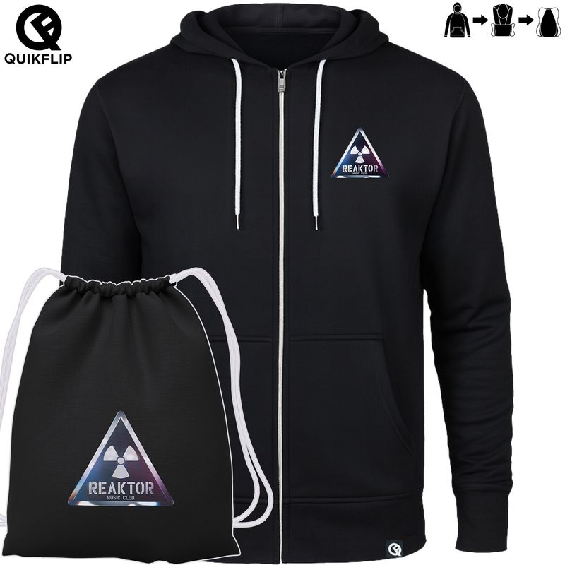 Quikflip© REAKTOR Zip-Hoodie mit integriertem Festival-Bag | Chromelook-Logo (Unisex)