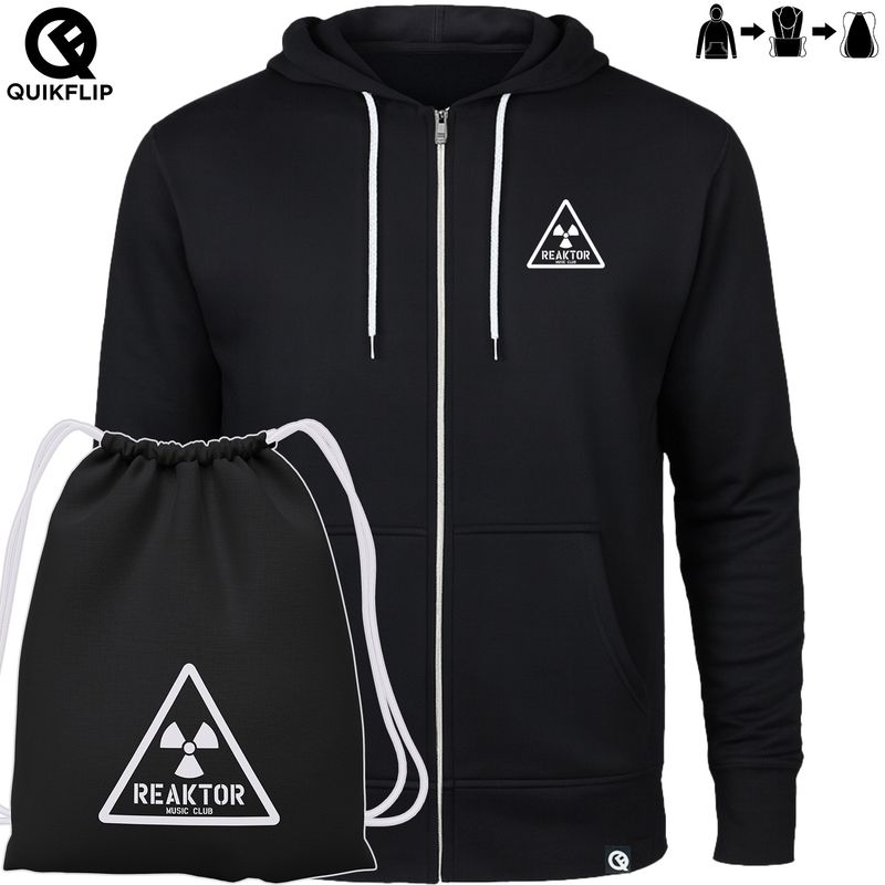 Quikflip© REAKTOR Zip-Hoodie mit integriertem Festival-Bag | Retro-Logo (Unisex)