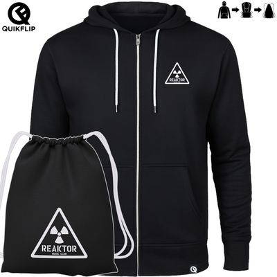 Quikflip© REAKTOR Zip-Hoodie mit integriertem Festival-Bag | Retro-Logo (Unisex)