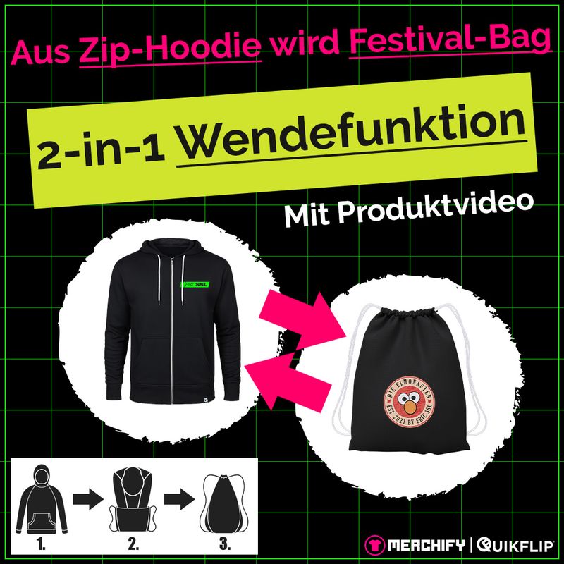 Eric SSL Elmonauten Zip-Hoodie mit integriertem Festival-Bag (Unisex) by Quikflip©