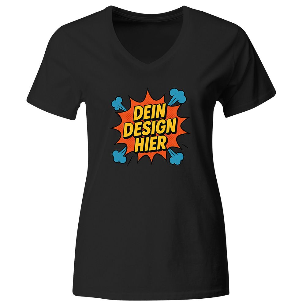 Damen T-Shirt mit V-Ausschnitt, Farbe Schwarz (Inkl. zwei Druckbereichen vorne und/oder hinten)