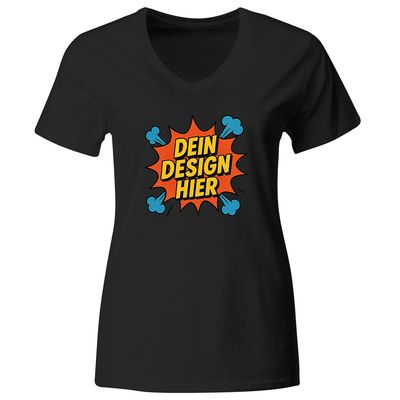 Damen T-Shirt mit V-Ausschnitt, Farbe Schwarz (Inkl. zwei Druckbereichen vorne und/oder hinten)