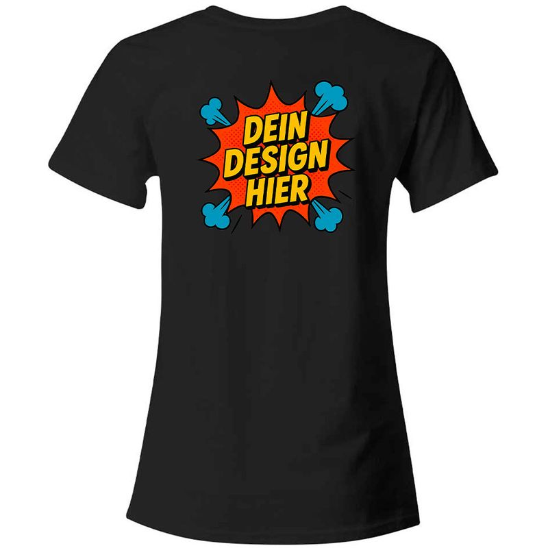Damen T-Shirt mit V-Ausschnitt, Farbe Schwarz (Inkl. zwei Druckbereichen vorne und/oder hinten)