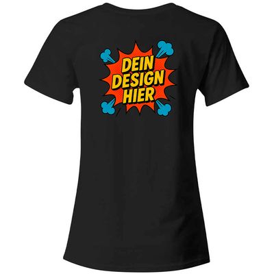 Damen T-Shirt mit V-Ausschnitt, Farbe Schwarz (Inkl. zwei Druckbereichen vorne und/oder hinten)
