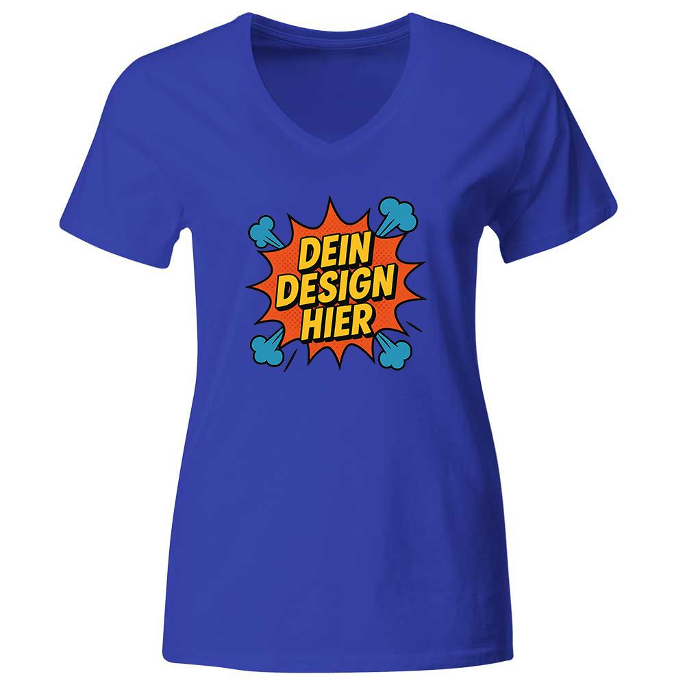 Damen T-Shirt mit V-Ausschnitt, Farbe Royal-Blau (Inkl. zwei Druckbereichen vorne und/oder hinten)
