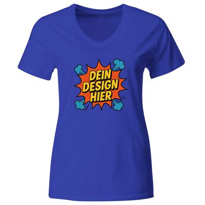 Damen T-Shirt mit V-Ausschnitt, Farbe Royal-Blau (Inkl. zwei Druckbereichen vorne und/oder hinten)