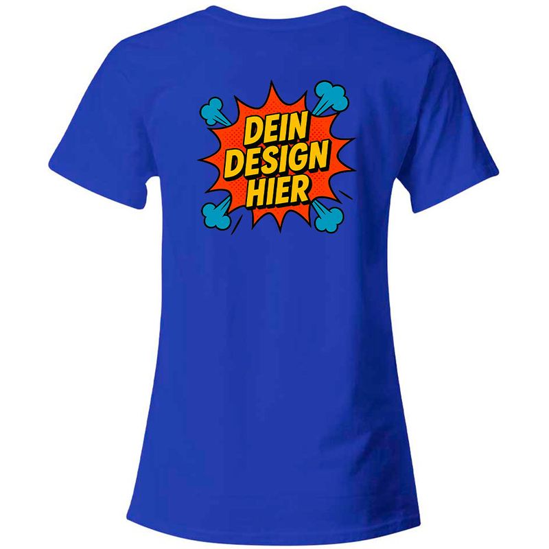 Damen T-Shirt mit V-Ausschnitt, Farbe Royal-Blau (Inkl. zwei Druckbereichen vorne und/oder hinten)