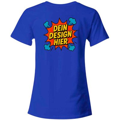 Damen T-Shirt mit V-Ausschnitt, Farbe Royal-Blau (Inkl. zwei Druckbereichen vorne und/oder hinten)