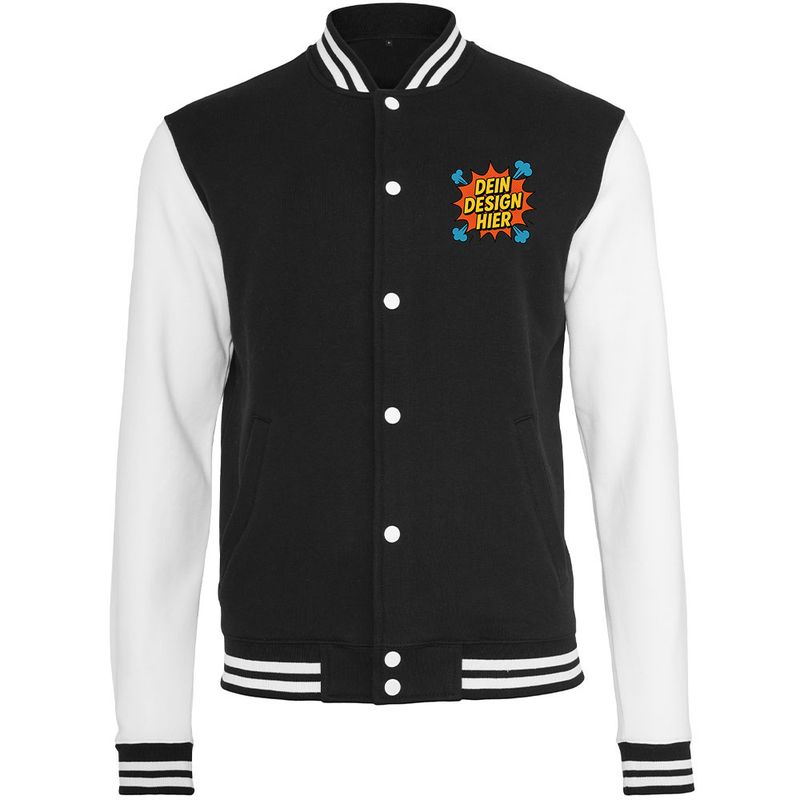 Collegejacke, Farbe Schwarz/Weiß (Inkl. zwei Druckbereichen vorne und/oder hinten)