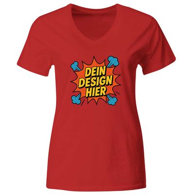Damen T-Shirt mit V-Ausschnitt, Farbe Rot (Inkl. zwei Druckbereichen vorne und/oder hinten)