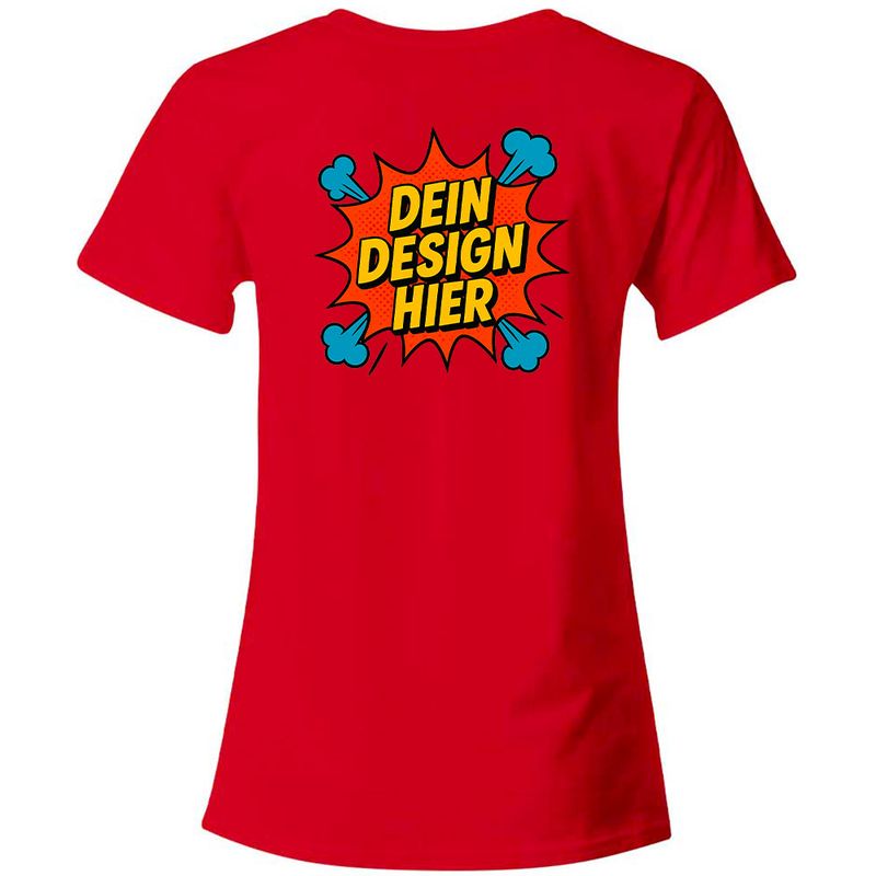 Damen T-Shirt mit V-Ausschnitt, Farbe Rot (Inkl. zwei Druckbereichen vorne und/oder hinten)