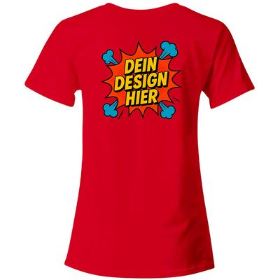 Damen T-Shirt mit V-Ausschnitt, Farbe Rot (Inkl. zwei Druckbereichen vorne und/oder hinten)