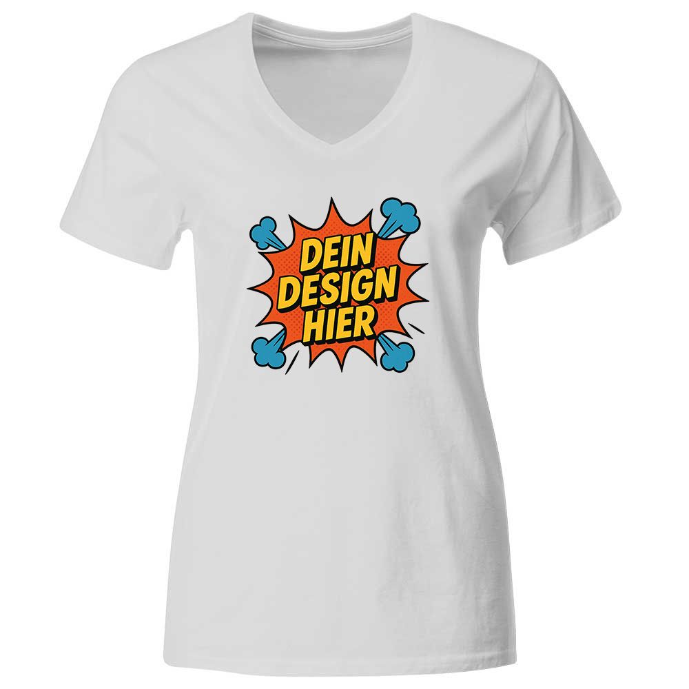 Damen T-Shirt mit V-Ausschnitt, Farbe Weiß (Inkl. zwei Druckbereichen vorne und/oder hinten)