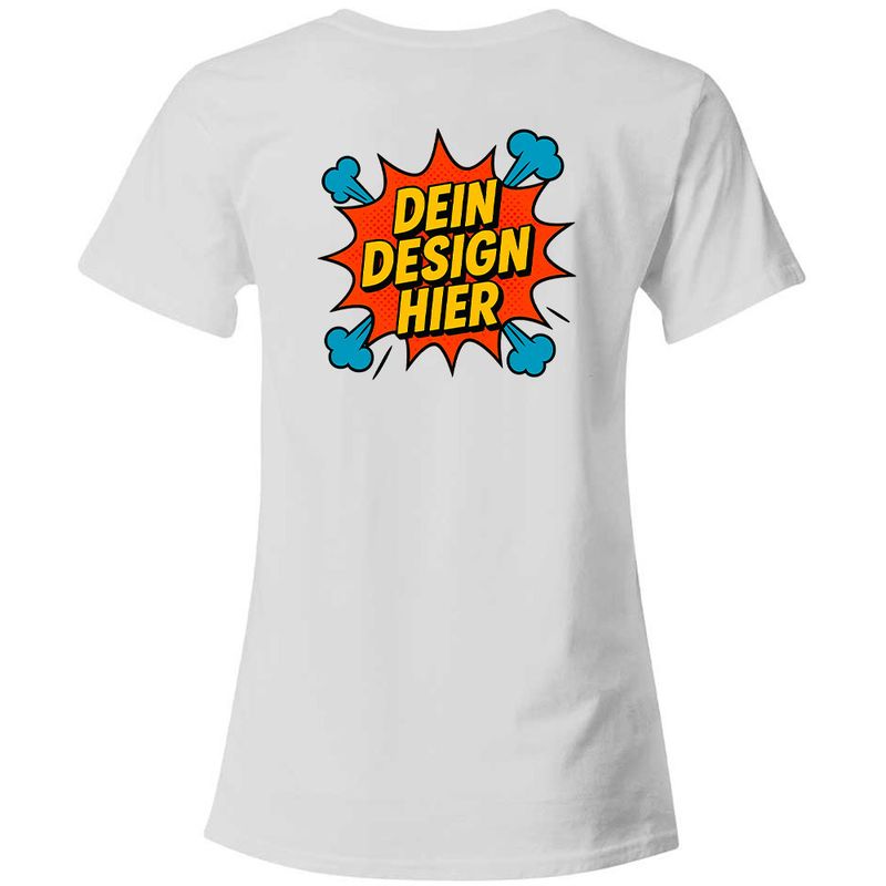 Damen T-Shirt mit V-Ausschnitt, Farbe Weiß (Inkl. zwei Druckbereichen vorne und/oder hinten)