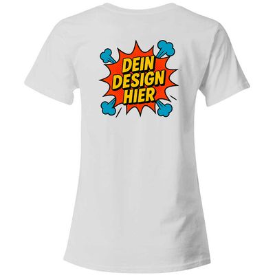 Damen T-Shirt mit V-Ausschnitt, Farbe Weiß (Inkl. zwei Druckbereichen vorne und/oder hinten)