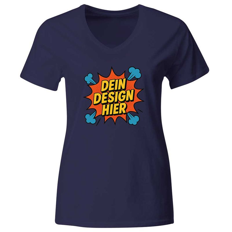 Damen T-Shirt mit V-Ausschnitt, Farbe Navy-Blau (Inkl. zwei Druckbereichen vorne und/oder hinten)