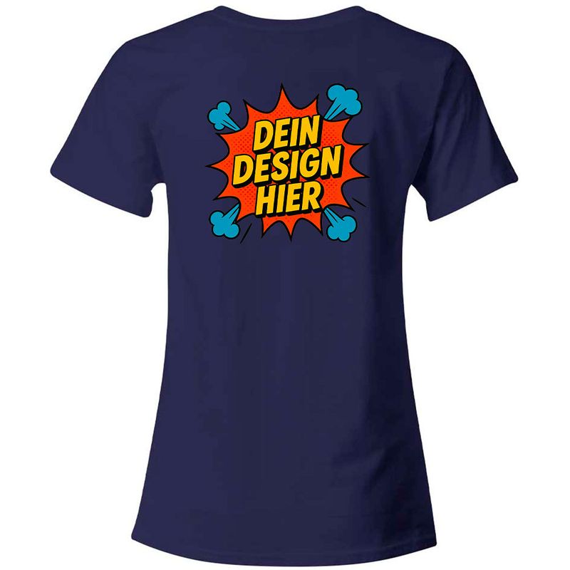 Damen T-Shirt mit V-Ausschnitt, Farbe Navy-Blau (Inkl. zwei Druckbereichen vorne und/oder hinten)