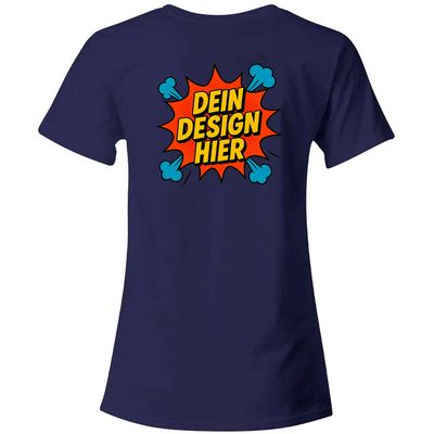 Damen T-Shirt mit V-Ausschnitt, Farbe Navy-Blau (Inkl. zwei Druckbereichen vorne und/oder hinten)