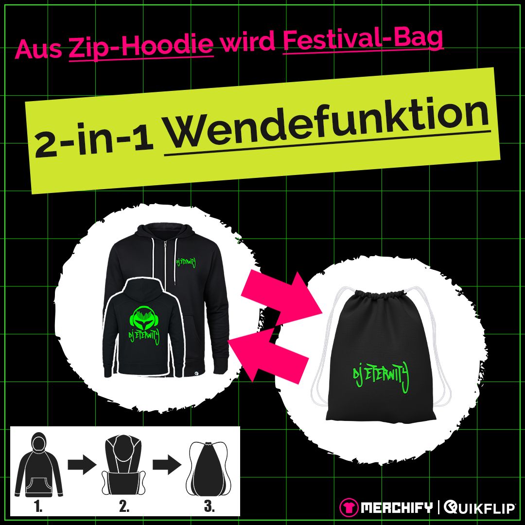 Quikflip© DJ Eternity Zip-Hoodie mit integriertem Festival-Bag (Unisex)