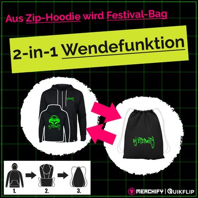 Quikflip© DJ Eternity Zip-Hoodie mit integriertem Festival-Bag (Unisex)