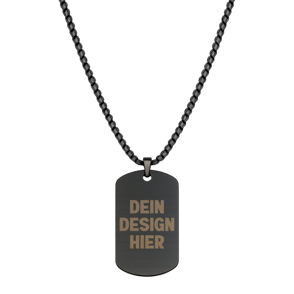 Halskette mit Dog-Tag, doppelseitig graviert (Anhänger aus Edelstahl, hochpoliert, Farbe Schwarz) Halskette mit Dog-Tag, doppelseitig graviert (Anhänger aus Edelstahl, hochpoliert, Farbe Schwarz)