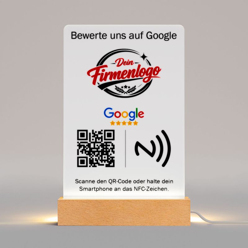 Google-Bewertungs-Aufsteller mit LED-Beleuchtung, NFC- und QR-Funktion