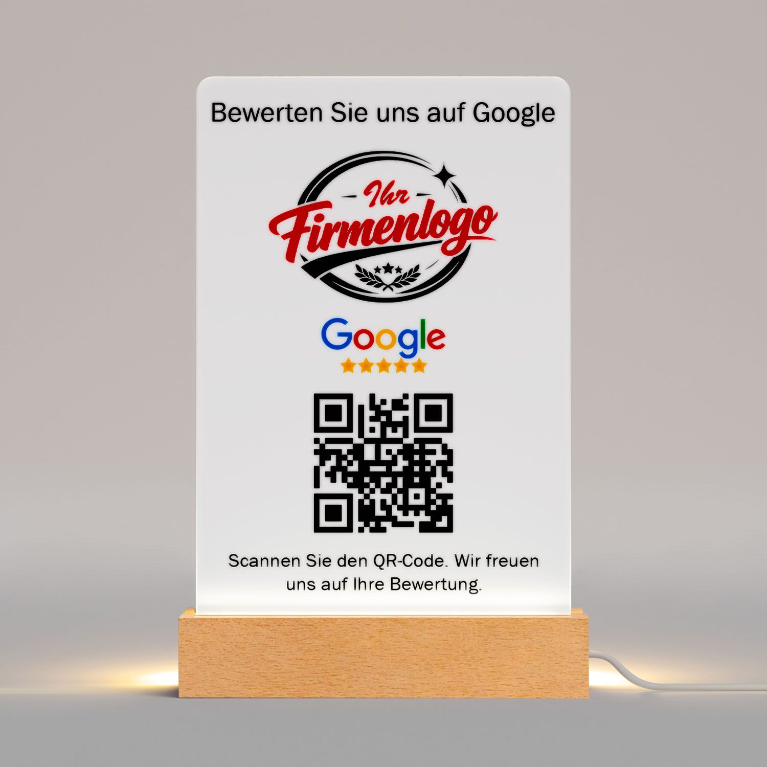 Google-Bewertungs-Aufsteller mit Logodruck, LED-Beleuchtung und QR-Funktion (Sie-Form)