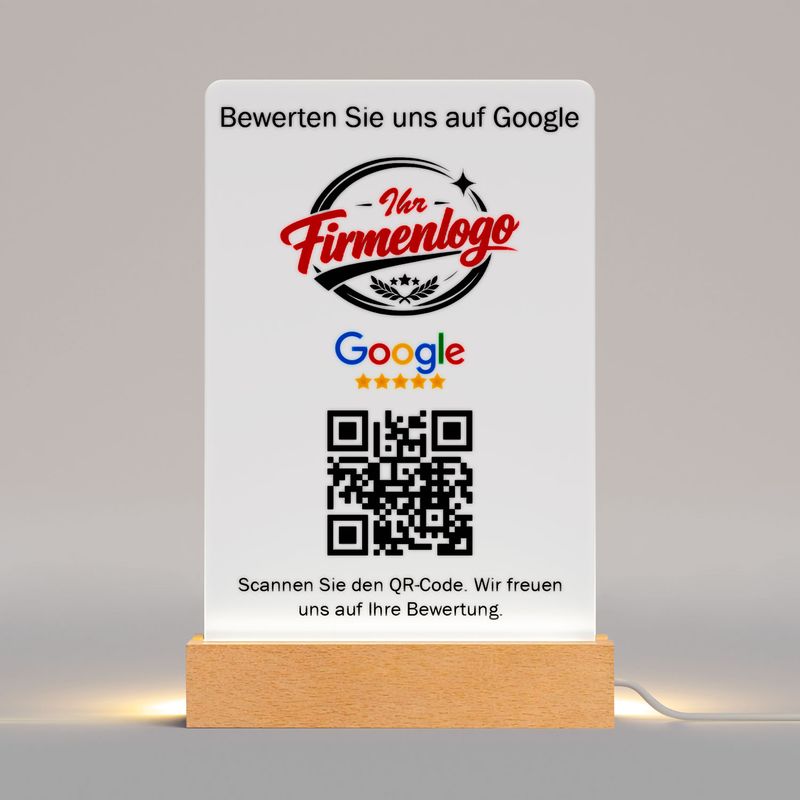 Google-Bewertungs-Aufsteller mit Logodruck, LED-Beleuchtung und QR-Funktion (Sie-Form)