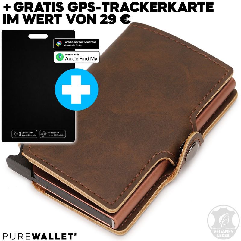 PureWallet® Bundle: Premium Smart-Wallet (Farbe Coffee) mit Platz für bis zu acht Karten, Scheinfach + GRATIS Trackerkarte