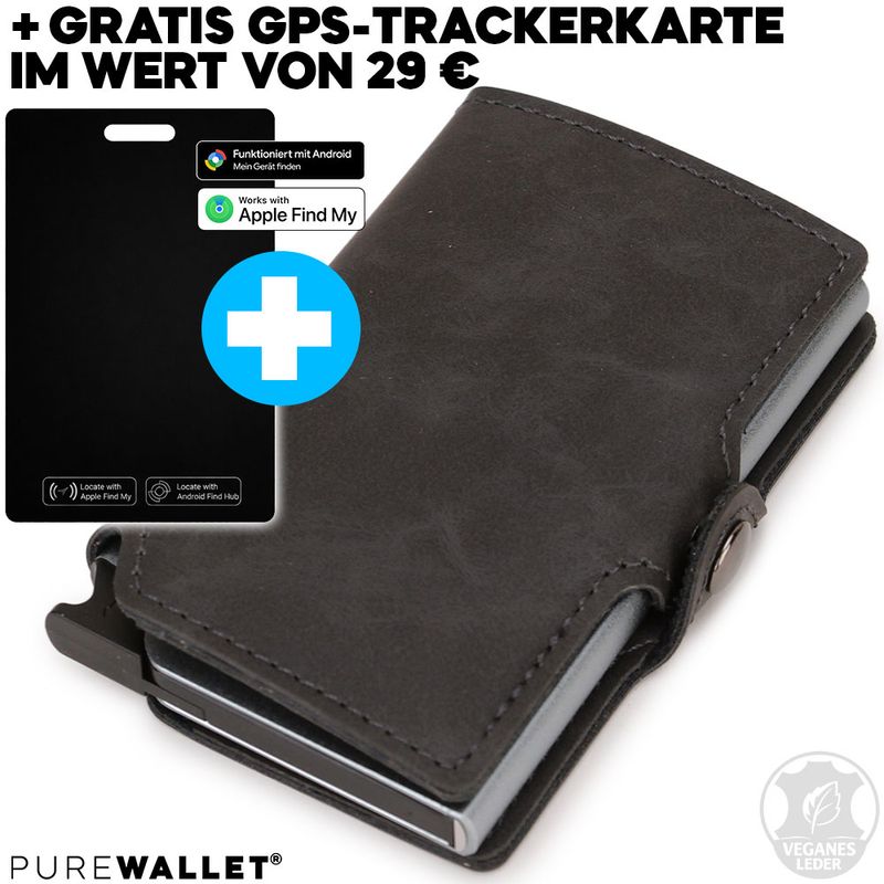 PureWallet® Bundle: Premium Smart-Wallet (Farbe Grau) mit Platz für bis zu acht Karten, Scheinfach + GRATIS Trackerkarte