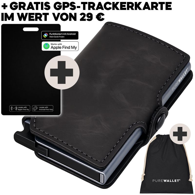 PureWallet® Bundle: Premium Smart-Wallet inkl. Trackerkarte und persönlicher Gravur (Farbe Grau)