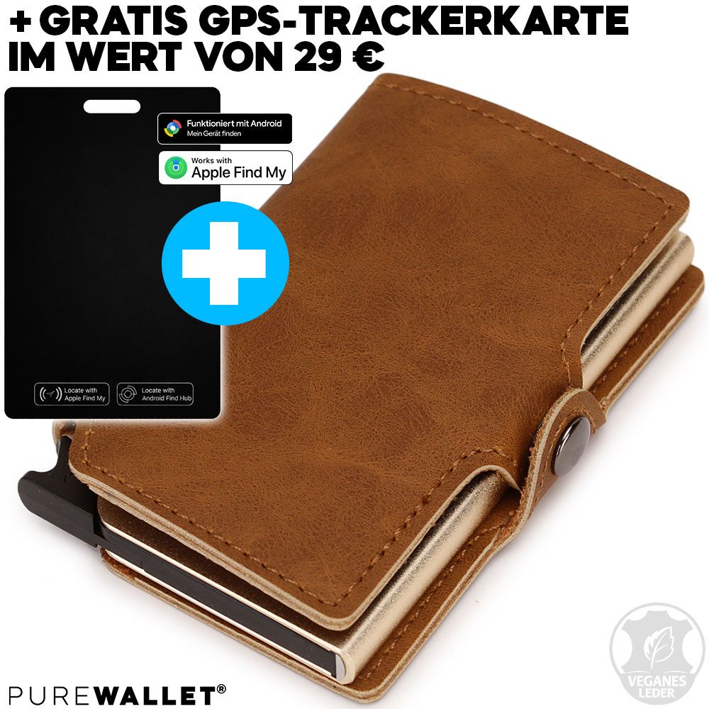 PureWallet® Bundle: Premium Smart-Wallet (Farbe Braun) mit Platz für bis zu acht Karten, Scheinfach + GRATIS Trackerkarte