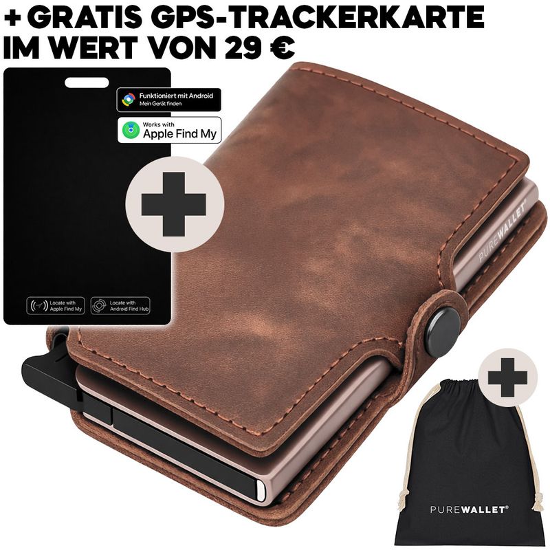 PureWallet® Bundle: Premium Smart-Wallet inkl. Trackerkarte und persönlicher Gravur (Farbe Braun)