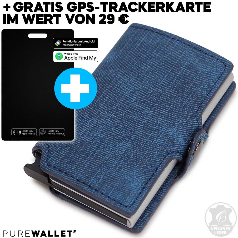 PureWallet® Bundle: Premium Smart-Wallet (Farbe Denim Blau) mit Platz für bis zu acht Karten, Scheinfach + GRATIS Trackerkarte