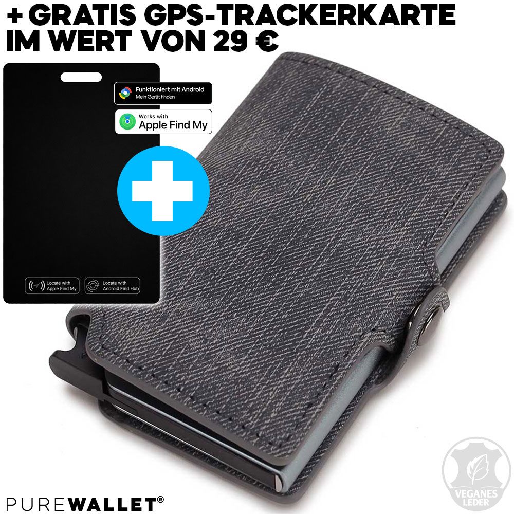 PureWallet® Bundle: Premium Smart-Wallet (Farbe Denim Grau) mit Platz für bis zu acht Karten, Scheinfach + GRATIS Trackerkarte