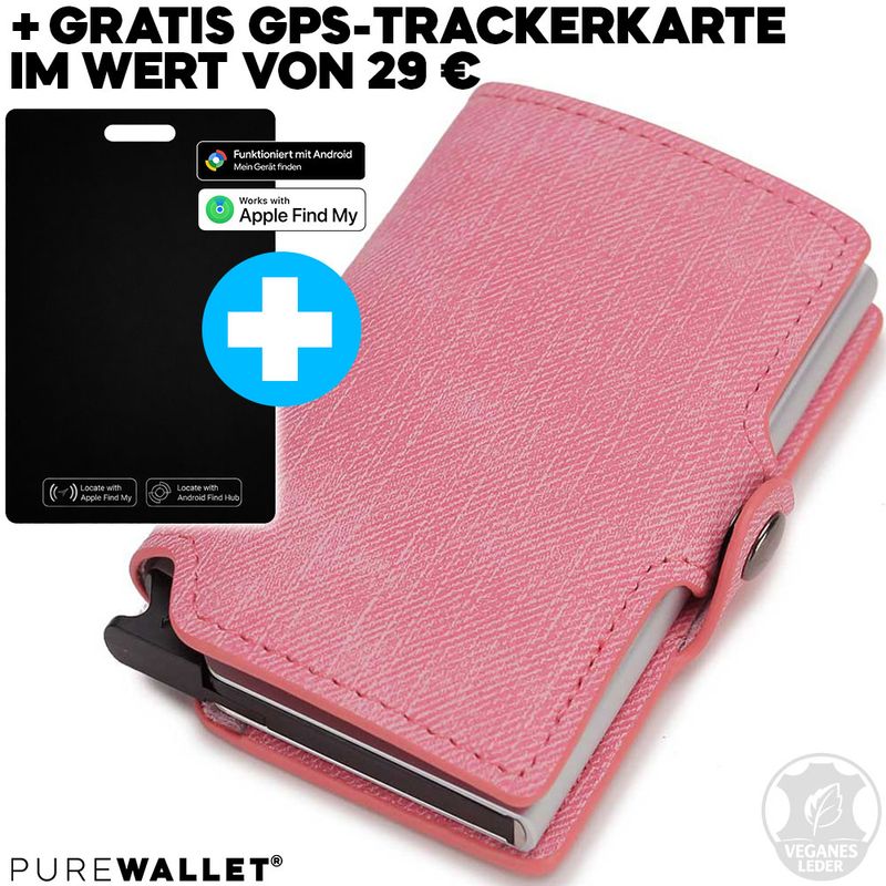 PureWallet® Bundle: Premium Smart-Wallet (Farbe Denim Rosé) mit Platz für bis zu acht Karten, Scheinfach + GRATIS Trackerkarte