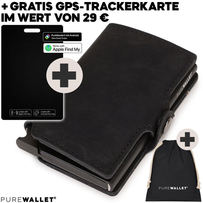 PureWallet® Bundle: Premium Smart-Wallet inkl. Trackerkarte und persönlicher Gravur (Farbe Schwarz)