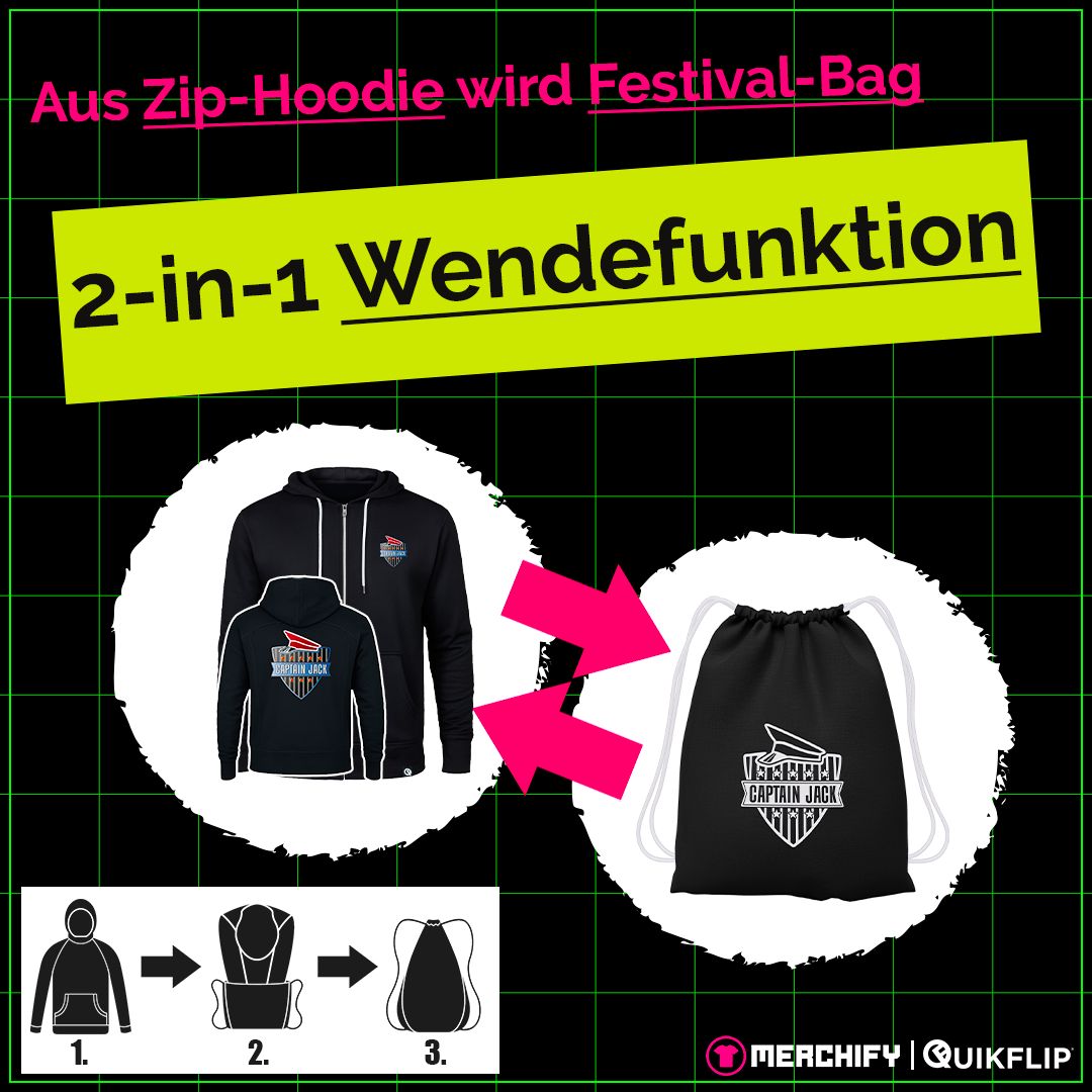 Captain Jack Zip-Hoodie mit integriertem Festival-Bag (Unisex) by Quikflip©