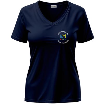 GymMo T-Shirt (Women) | Mehrfarbiges Logo, rund + Backprint mit Hai in Silber-Finish